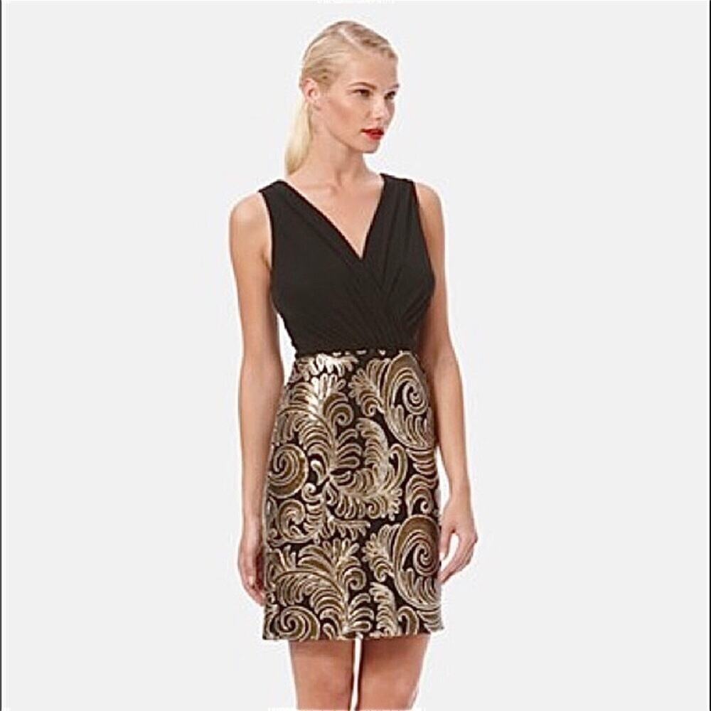 Laundry by Shelli Segal Black & Gold Chiffon and Sequin Mini Party Dress, Size 4